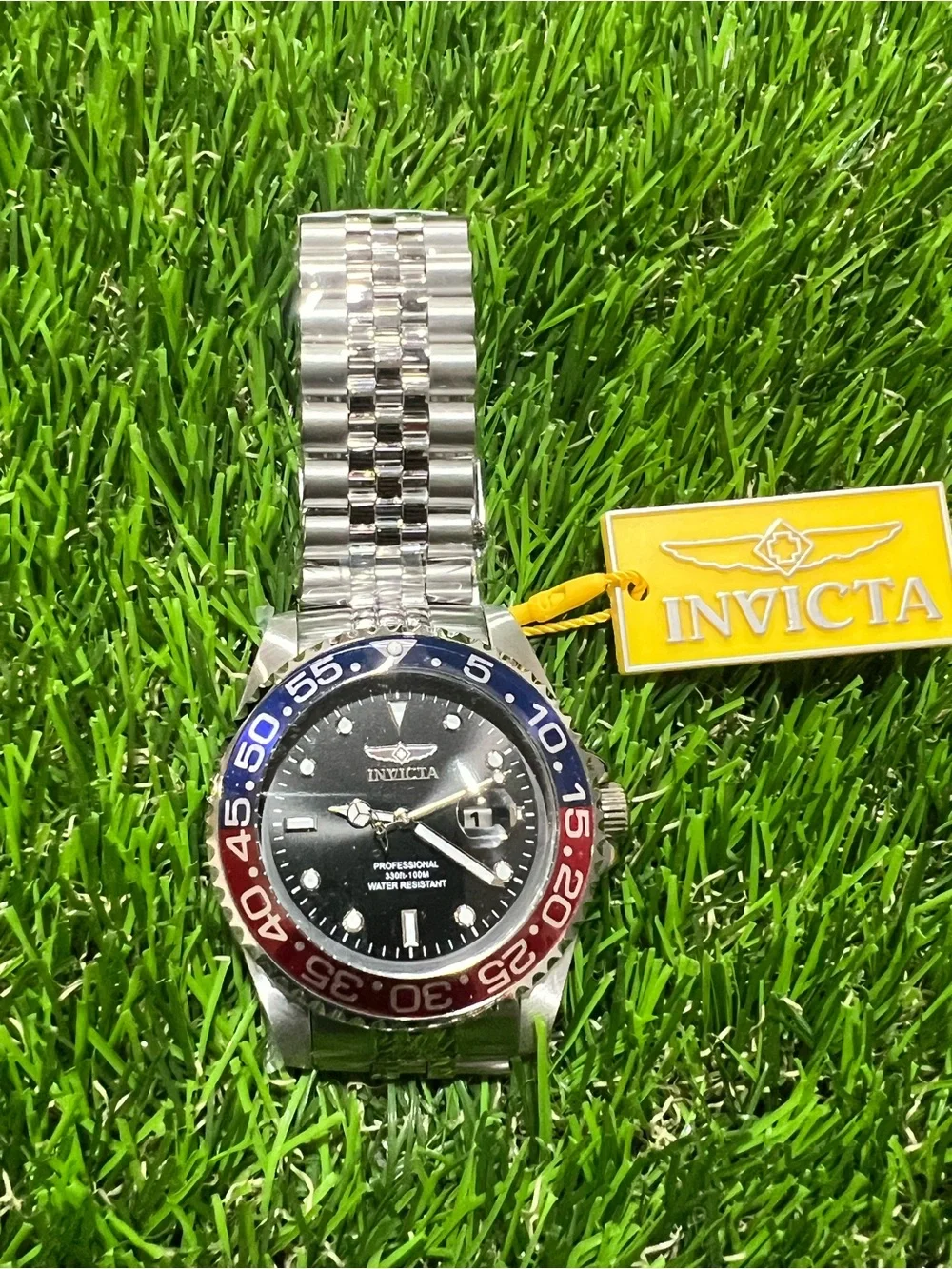 Invicta Men’s Silver Watch with Black Dial and Red & Blue Bezel